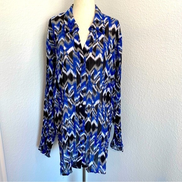 Lane Bryant Blue Black Sheer Lightweight Chevron Button Long Slv Flowy SZ 22/24 - Picture 1 of 10